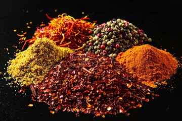 Aufkleber - A close-up view of various spices, including saffron, curry powder, and annatto, arranged on a black surface. Generative AI