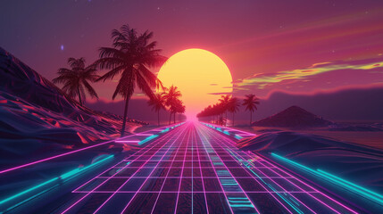 Wall Mural - synthwave, cyberpunk, a neon grid road leading to a big futuristic neon city with neon lights