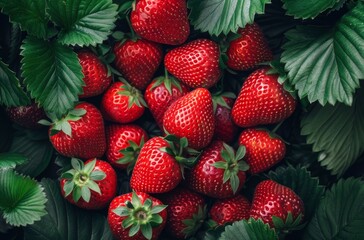 Wall Mural - Freshly Picked Red Strawberries Surrounded by Green Leaves