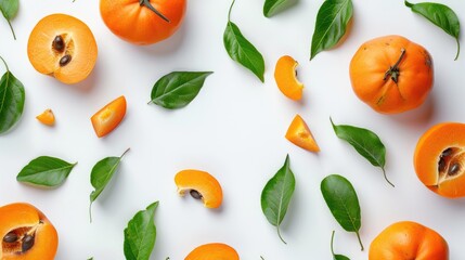 Wall Mural - Persimmon slice with leaves on white background for text Overhead view Flat layout pattern