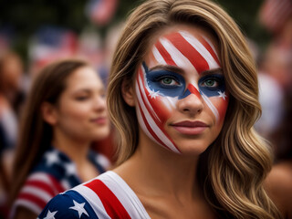 Beautiful blonde young woman celebrating Independence Day with american flag face paint. American lady fan 