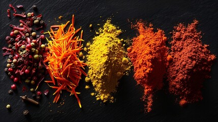 Aufkleber - A close-up image showcasing an assortment of bright and exotic spices on a dark background. Generative AI