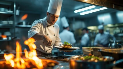 Wall Mural - Photo of chef working and using wok stirring vegetables. Cook in uniform cooking food by holding wok with fire at modern kitchen. Close up of asian chef hand cooking and burning meat with fire. AIG42.