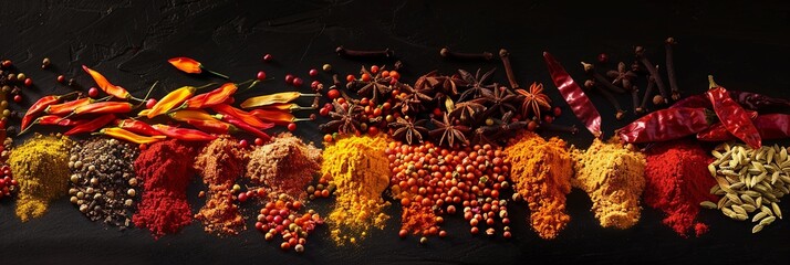 Aufkleber - Close-up of a variety of vibrant spices arranged on a black background. Generative AI