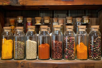 Poster - A close-up view of a wooden shelf holding glass jars filled with various spices, including paprika, turmeric, cumin, and oregano. Generative AI