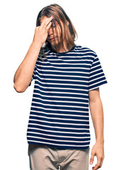 Sticker - Handsome caucasian man with long hair wearing casual striped t-shirt tired rubbing nose and eyes feeling fatigue and headache. stress and frustration concept.