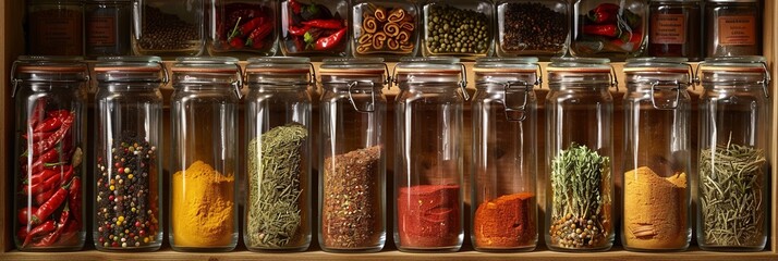 Poster - A close-up shot of glass jars filled with different spices, arranged on a wooden shelf. The jars have labels with spice names like paprika, turmeric, cumin, and oregano. Generative AI
