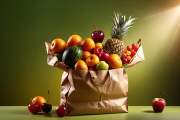 Wall Mural - Shopping bag filled with assorted fruits, groceries variety