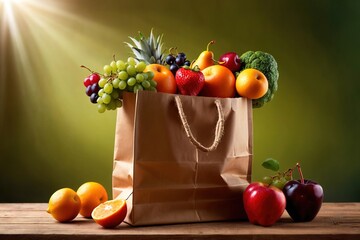 Wall Mural - Shopping bag filled with assorted fruits, groceries variety