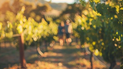 Wall Mural - Softly blurred visitors soak up the peaceful atmosphere of the vineyard escaping the chaos of everyday life.