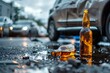 © melhak - Close-up of beer bottle on road surface near a car – impaired driving – alcohol safety campaign