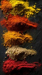 Aufkleber - A variety of spices arranged on a black surface. The bright colors and textures of the spices are highlighted against the dark background. Generative AI