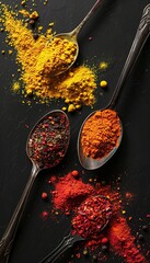 Aufkleber - A close-up image of colorful spices, including saffron, curry powder, and annatto, arranged on spoons against a black background. Generative AI