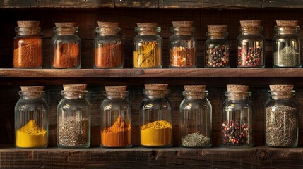 Poster - A close-up of a wooden shelf with neatly arranged glass jars filled with various spices. Generative AI