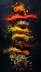 Aufkleber - A variety of colorful spices are arranged in a vertical line on a black background. Generative AI