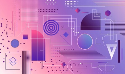 Aufkleber - a vibrant purple gradient background with various geometric shapes, lines, and patterns in pink and 