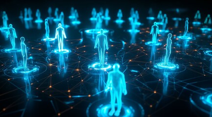 Poster - A digital, futuristic network with glowing blue holographic figures connected by illuminated nodes and lines against a dark background. The image conveys a sense of interconnected technology