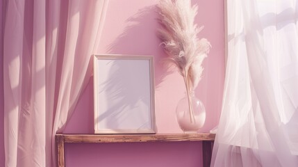 Wall Mural - Pastel pink interior with empty photo frame white silk drape and fluffy reeds on wooden shelf space for writing