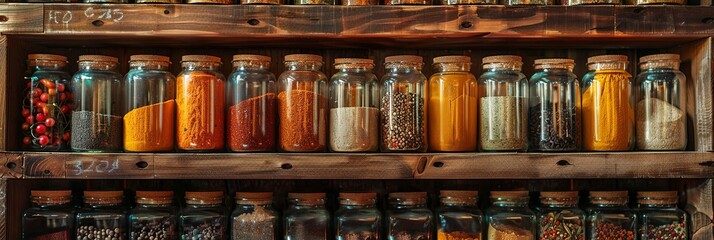 Aufkleber - Close-up of a wooden shelf with neatly arranged glass jars of spices like paprika, turmeric, cumin, and oregano, each labeled. Generative AI
