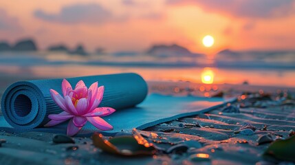Sunrise Beach Scene: Neatly Rolled Yoga Mat and Lotus Flower in Tranquil Setting