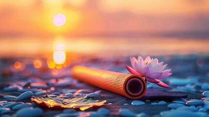 Wall Mural - Peaceful Beach Sunrise: Neatly Rolled Vibrant Yoga Mat with Delicate Lotus Flower Beside