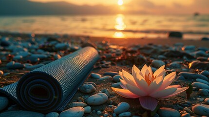 Wall Mural - Peaceful Beach Sunrise: Neatly Rolled Vibrant Yoga Mat with Delicate Lotus Flower Beside