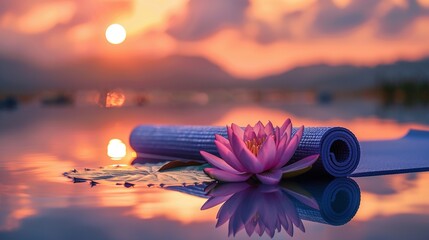 Wall Mural - Vibrant Yoga Mat and Delicate Lotus Flower in Serene Outdoor Beach Setting at Sunrise