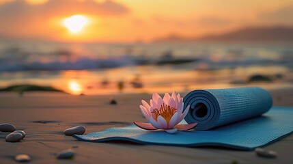 Wall Mural - Lotus Flower and Vibrant Yoga Mat in Peaceful Beach Sunrise Setting