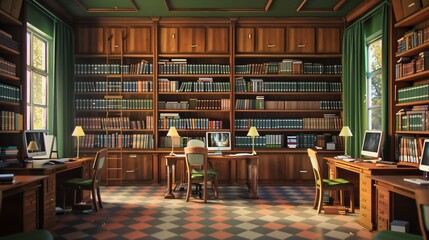 Fototapete - A bright, spacious student library with bookshelves, computers, and natural light filtering in. Generative AI
