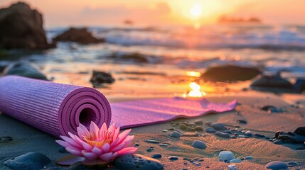 Wall Mural - Tranquil Sunrise Beach: Neatly Rolled Yoga Mat with Delicate Lotus Flower Beside