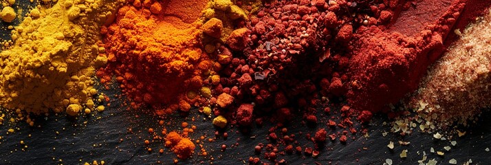 Aufkleber - A close-up photo of colorful exotic spices arranged on a black surface, showcasing saffron, curry powder, and annatto. Generative AI