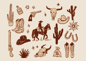 Cowboy Western Hand Drawn Boho Doodles Illustration Vector Set Cowboy, Horse, Cactus, Cow Skull