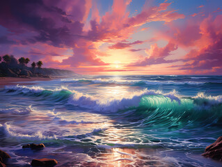 Wall Mural - Beautiful sunrise over the sea digital fine art