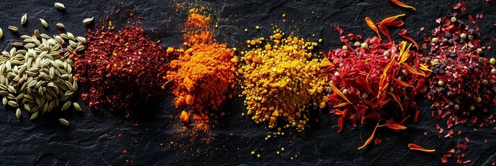Wall Mural - An assortment of colorful and aromatic spices, including saffron, curry powder, and annatto, are displayed on a black surface. Generative AI