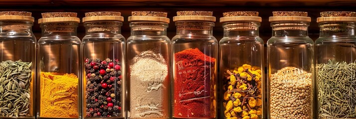 Poster - Glass jars of paprika, turmeric, cumin, and oregano neatly displayed on a wooden shelf with cork lids and labels. Generative AI