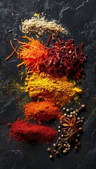 Poster - An assortment of bright and exotic spices including saffron, curry powder, and annatto are arranged on a black background. Generative AI