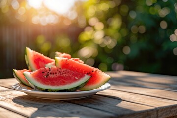 Wall Mural - Slices of fresh juicy seeded watermelon on white plate on the wooden table in the garden on a sunny summer day