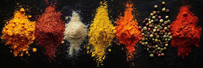 Poster - A collection of colorful spices, including saffron, curry powder, and annatto, are displayed on a black surface. Generative AI