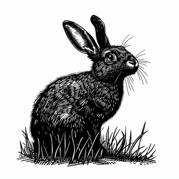 A black and white drawing of a rabbit in the grass