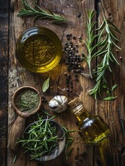 Aufkleber - A rustic wooden table is adorned with a selection of fresh herbs, including rosemary, thyme, and oregano, alongside a bowl of olive oil and peppercorns. Generative AI