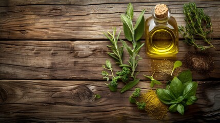 Aufkleber - A close-up view of fresh herbs and spices, including rosemary, thyme, oregano, and olive oil, arranged on a rustic wooden surface. Generative AI