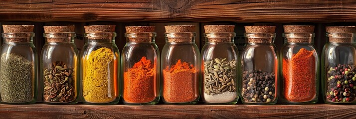 Aufkleber - A close-up shot of glass jars filled with various spices, neatly arranged on a wooden shelf. The jars are labeled with names like paprika, turmeric, cumin, and oregano. Generative AI