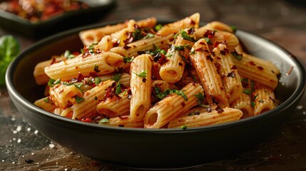 Wall Mural - A bowl of pasta with red sauce and parsley. The pasta is long and thin, and the sauce is thick and rich