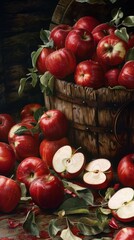 Wall Mural - Freshly harvested red apples in a rustic wooden basket with leaves, detailed close-up. Autumn harvest and local farming concept