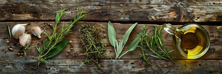 Aufkleber - Fresh rosemary, thyme, oregano, and sage herbs with garlic and olive oil on a weathered wooden table. Generative AI