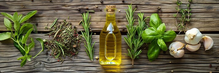 Aufkleber - A rustic wooden surface is adorned with fresh Mediterranean herbs and spices, including rosemary, thyme, oregano, and a bottle of olive oil. Generative AI