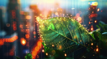 Merging Nature and Technology, a leaf with digital code patterns, urban background with glowing elements.