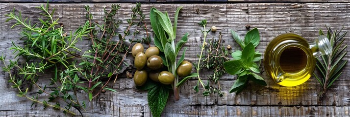 Poster - A rustic wooden board displays a selection of fresh Mediterranean herbs like rosemary, thyme, oregano, and a bottle of olive oil. Generative AI