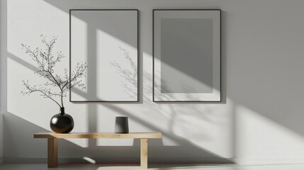 Sticker - Two minimalist posters with abstract tree shadow, add a minimalist black geometric shape on both posters.