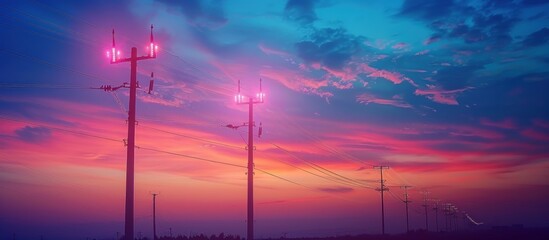 Poster - electric lines and pink sunset sky